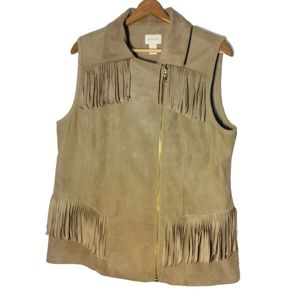 Chicos Size 2 Vest Fringe Tan Microsuede Zip Up Hippie Biker Moto Boho READ - Picture 1 of 14